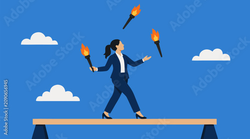 Business risk management vector illustration of confident businesswoman juggling flaming torches while walking narrow balance beam, symbolizing pressure, leadership, multitasking, and strategy