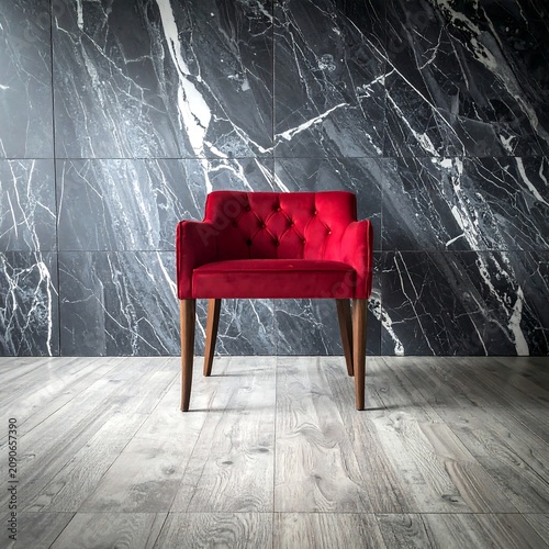 Elegant Red Velvet Armchair Standing Against Dark Marble Wall in Modern Interior