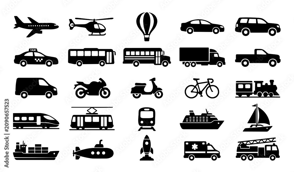 Obraz premium Untitled design - 1 Transport Vehicle Black Silhouette Icon Collection with Airplane Car Bus Train Ship Truck and Mobile Transport Vector Set