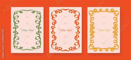 Elegant Invitation Templates with Decorative Ribbon Borders in Green Red and Yellow. Hand Drawn Curly Frame Designs on Soft Pink Background. Vector Illustration for Invitations Posters Cards