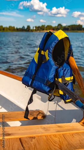 Blue Safety Life Jacket Resting on Wooden Boat Seat by Calm Lake