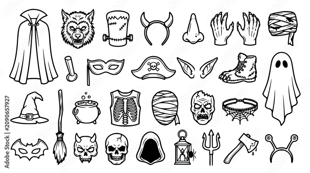 Obraz premium Collection of Halloween costume elements in a clean vector icon style