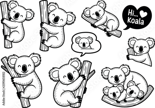 Photography Cute koala sticker collection with adorable cartoon bears climbing bamboo and pl