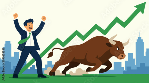 Joyful trader celebrates as a charging bull races beneath a soaring green market arrow, symbolizing bullish stocks, investment growth, profit momentum and financial success in clean vector style