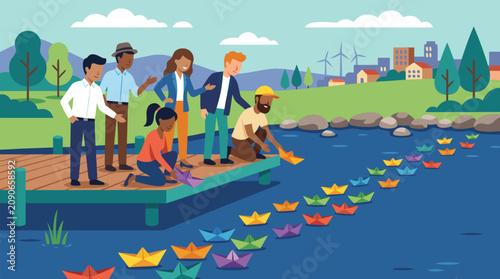 Diverse professionals releasing colorful origami paper boats onto serene pond, symbolizing creative brainstorming, strategic innovation, collaborative ideation, and sustainable business concepts in