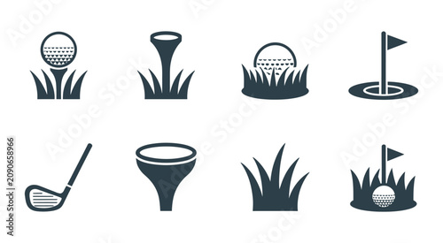 Foto Golf course icon set, ball on tee, flag hole, club, and grass symbols for sports, golfing, recreation, and outdoor activity design
