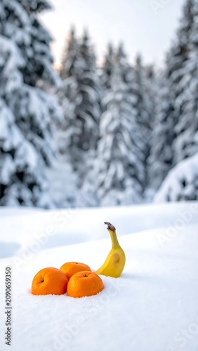 Bright Citrus Fruits Resting in Deep Snow in Winter Forest Clearing