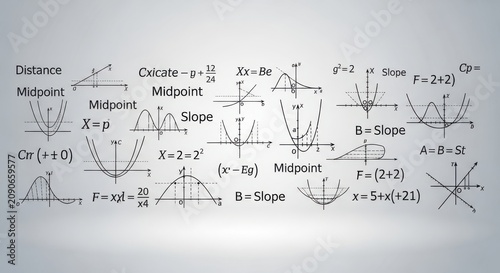 Obraz w ramie Math problems and equations on a whiteboard with various graphs and formulas.