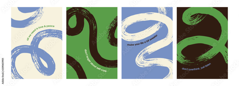 Obraz premium Abstract poster designs with swirled brush stroke shapes and motivational quotes. Modern style cards with phrases and curvy hand-drawn lines, brushstrokes. Creative wall art. Flat vector illustrations