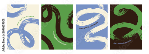 Abstract poster designs with swirled brush stroke shapes and motivational quotes. Modern style cards with phrases and curvy hand-drawn lines, brushstrokes. Creative wall art. Flat vector illustrations