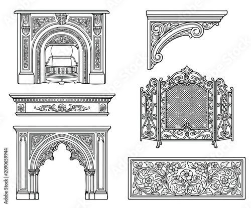 Fotografie Ornate Victorian Fireplace Elements, Decorative Architectural Trim, Antique Cast