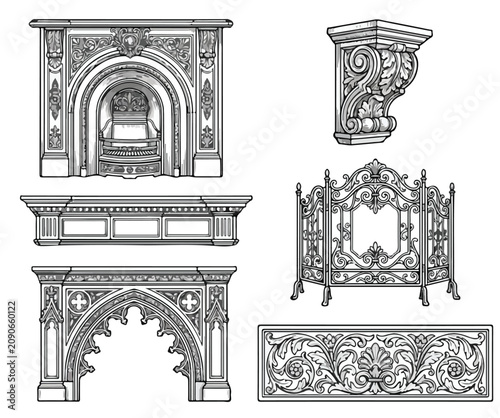 Fotografía Ornate Architectural Elements Vector Set: Gothic Arch, Fireplace, Corbel, Fence,