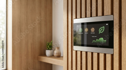 Modern smart home thermostat control panel on wooden wall for energy efficient living