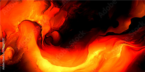 Fotografi Abstract swirling magma and fire texture, vibrant orange and yellow flow with da