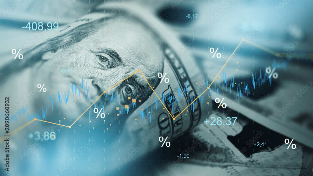 Fototapeta premium Chart shows money trends with data points and dollar bills in the background