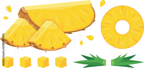 Foto Fresh yellow pineapple vector illustration featuring chopped cubes ring slice chunks and green crown leaves isolated on a white background