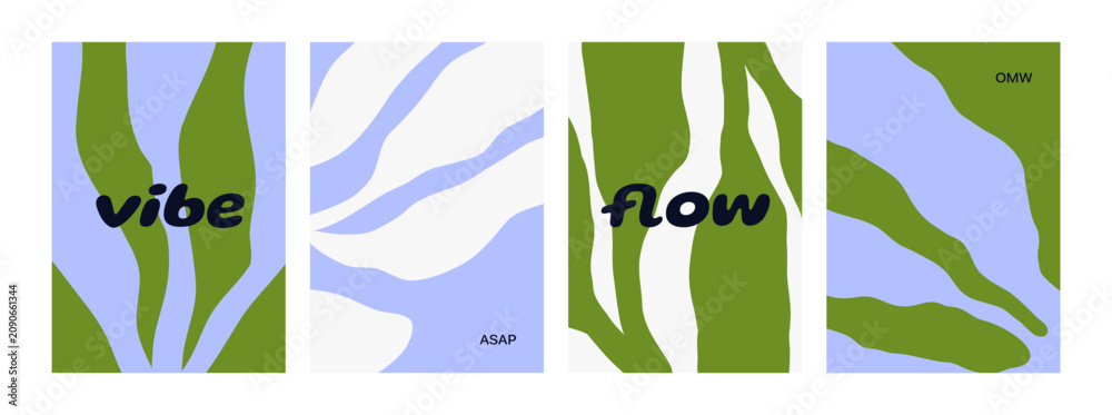 Naklejka premium Organic abstract posters set. Natural flowing shapes, leaf and water, modern card designs. Algae, seaweed, sea grass, branches patterns, vertical backgrounds with typography. Flat vector illustration