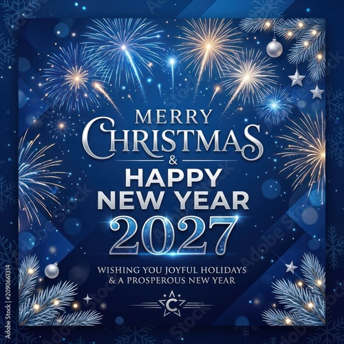 Merry Christmas and Happy New Year 2027 Fireworks Celebration.