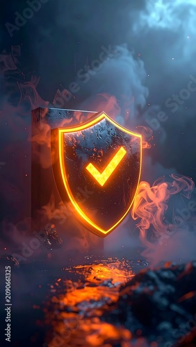 Glowing Security Shield with Check Mark in Smoky Dark Scene