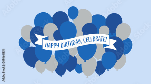 Tableau sur toile Festive birthday greeting card design featuring blue and grey balloons with a celebratory banner