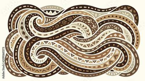 Obraz na plátne Abstract decorative background with flowing wavy lines and ethnic tribal patterns in brown tones