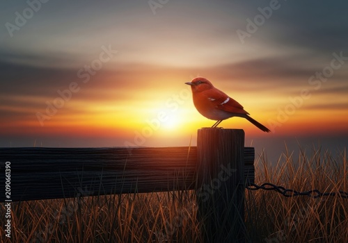 Small bird perched on fence post at sunset isolated on white background