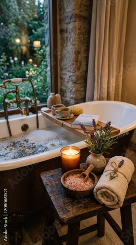 Serene Bathtub Oasis with Bubbles and Candlelight Amidst Lush Greenery.