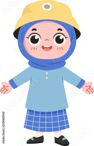 Character Illustration of Kindergarten Hijab Girl Wearing Uniform while Greeting with Happy Face