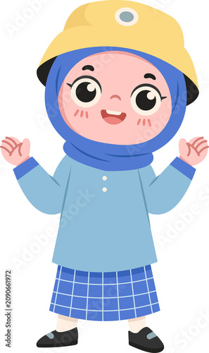 Character Illustration of Kindergarten Hijab Girl Wearing Uniform while Greeting with Happy Face