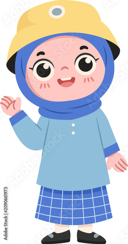 Character Illustration of Kindergarten Hijab Girl Wearing Uniform while Greeting with Happy Face