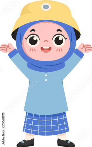 Character Illustration of Kindergarten Hijab Girl Wearing Uniform while Greeting with Happy Face