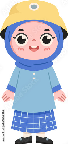 Character Illustration of Kindergarten Hijab Girl Wearing Uniform while Greeting with Happy Face