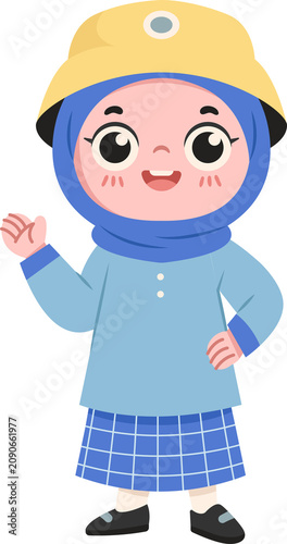 Character Illustration of Kindergarten Hijab Girl Wearing Uniform while Greeting with Happy Face