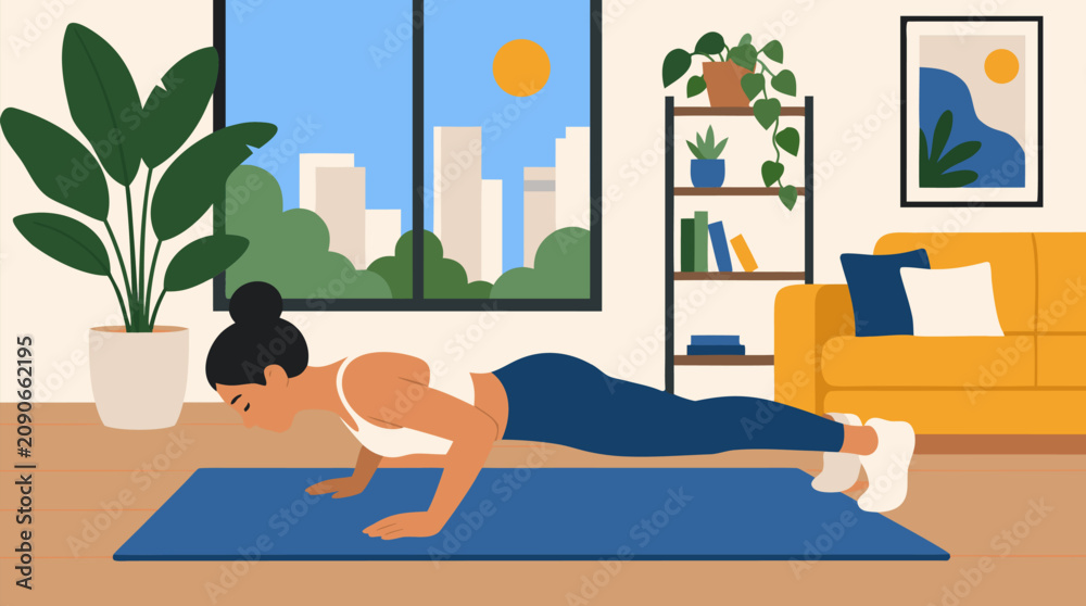 Fototapeta premium Fit woman performing push ups on blue yoga mat in bright sunny modern apartment living room with plants large window and city view healthy fitness lifestyle vector illustration