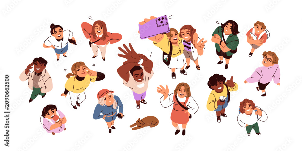Fototapeta premium Happy people looking up, top down view poses. Smiling male and female, kid characters, raised heads for watching upward, faces from above. Flat vector illustrations isolated on white background