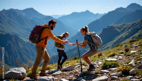 Three hikers are ascending a rocky trail in a mountainous landscape with rolling hills and distant peaks in the background