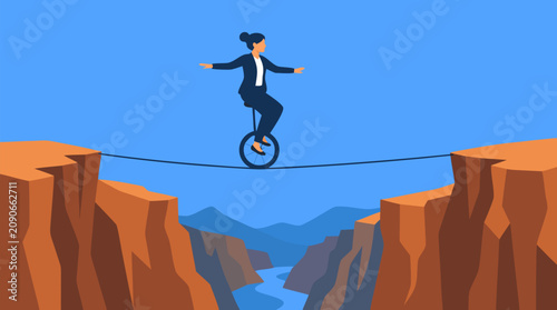Businesswoman rides a unicycle across a thin wire over a vast canyon, dramatic vector metaphor for risk management, career balance, leadership pressure, courage, agility, and bold decisions
