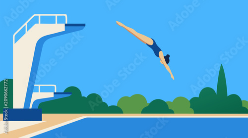 Graceful female diver arcing mid-air from high diving platform toward sparkling blue pool below with modern minimalist style bright sky green foliage and clean summer sports atmosphere perfect for