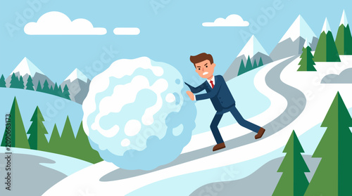 Determined executive pushing a growing snowball uphill through snowy mountains, flat vector metaphor for escalating workload, momentum, ambition, compounding challenges, leadership and persistence