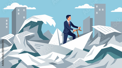 Determined executive steering a paper boat through towering waves of crumpled documents, surreal business crisis navigation, paperwork overload, risk management and resilient leadership