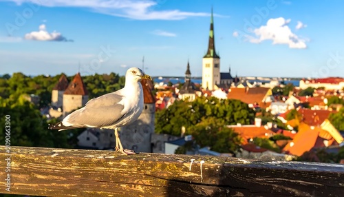 White Seagull Perching on Wooden Railing Above Historic City Skyline