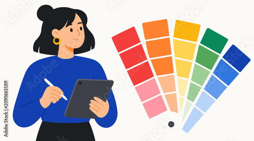 Smiling graphic designer holding tablet and stylus beside fan of vivid color swatches, rainbow palette selection, branding consultation and creative digital illustration vector guide