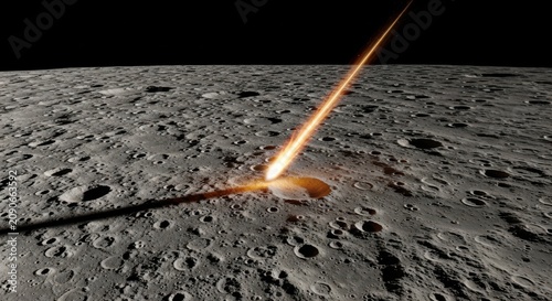 A spacecraft crashes onto the lunar surface sending debris flying into space at night.