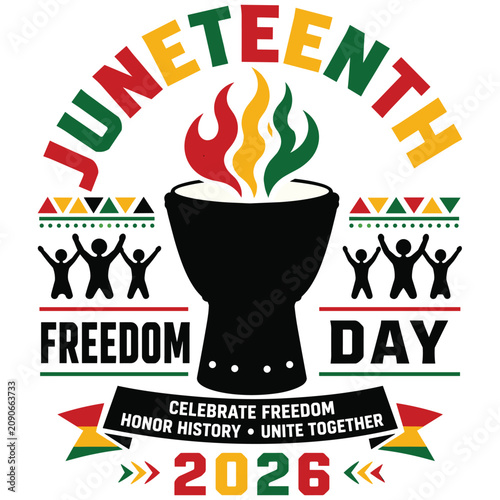 Juneteenth day 2026 freedom celebration with pan african colors drum fire dancers and people celebrating