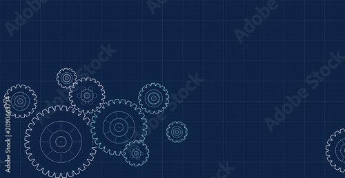 Technical blue background with gear blueprint and grid. Engineering background with gears for technology, industry, and business presentations.