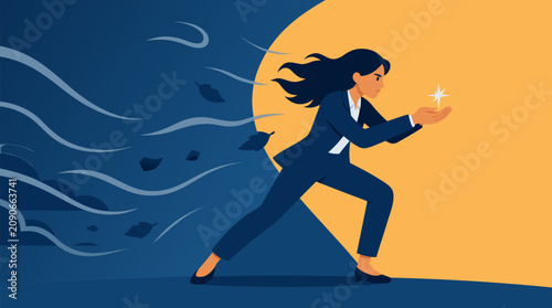 Determined businesswoman shielding tiny glowing spark from powerful gusts, symbolizing protecting ideas, resilience, innovation, courage and startup vision in dramatic vector illustration