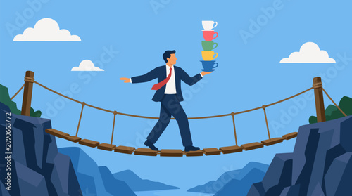 Business risk management vector illustration of executive crossing swaying rope bridge over mountain gorge while balancing colorful teacup tower, symbolizing pressure, strategy and leadership