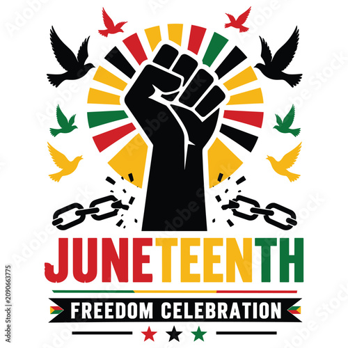 Juneteenth freedom celebration with raised fist, doves, broken chains and pan african flag colors