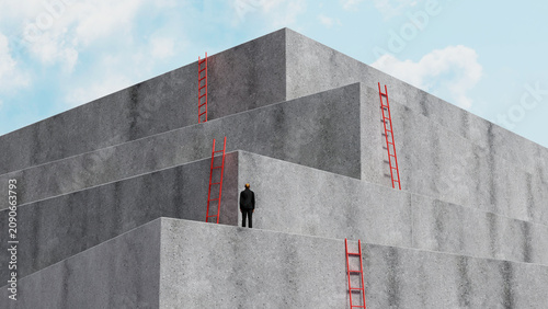 Canvastavla Businessman standing before concrete levels and red ladders, looking at ambitiou