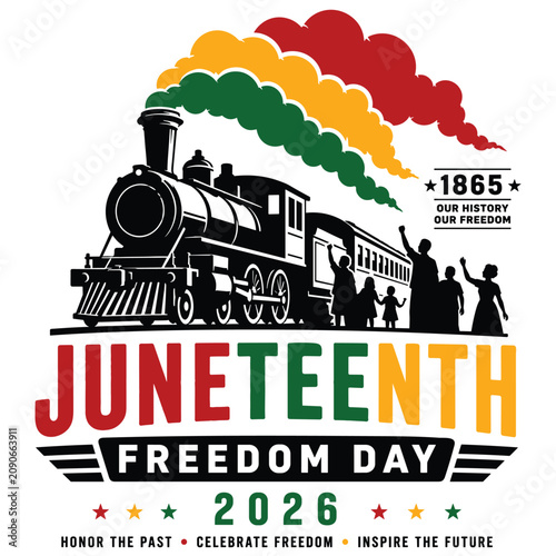 Juneteenth freedom day 2026 steam train illustration symbolizing journey towards freedom and progress